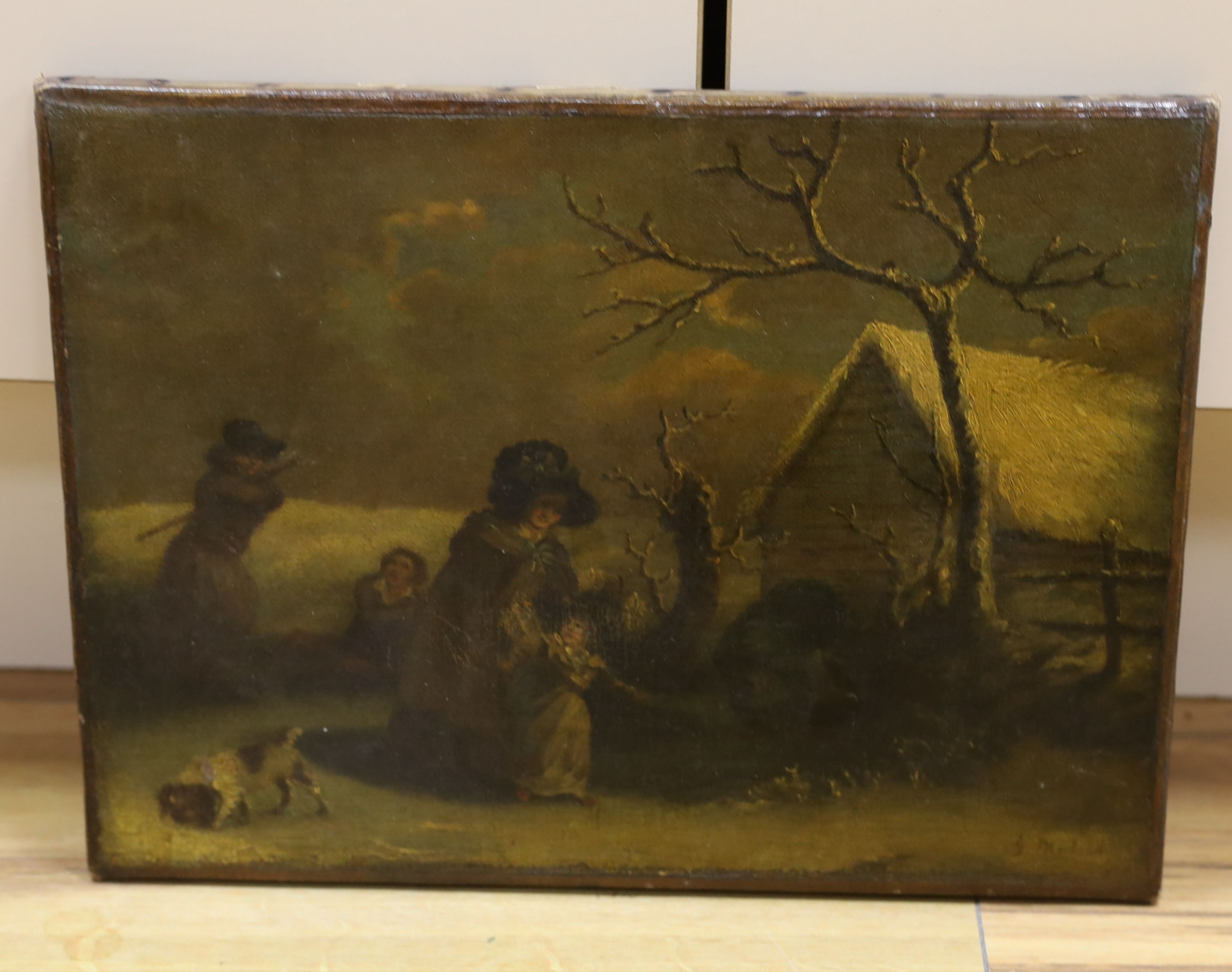 After George Morland, oil on canvas, Mother and child on a lane in winter, bears signature, 23 x 31cm, unframed